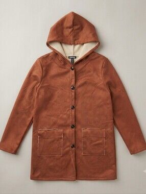 Noracora Brown Faux Suede Sherpa Lined Hooded Long Jacket Coat Medium M